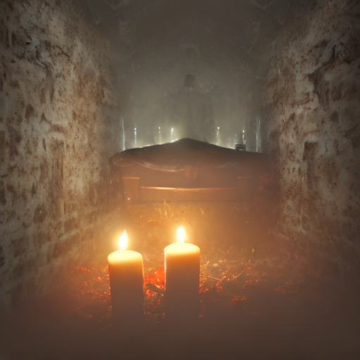 coffin with candles nearby and a specter in the background